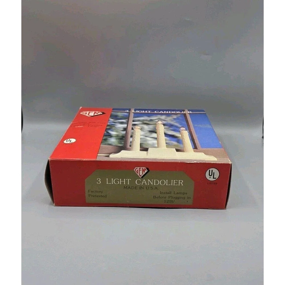 Vintage GEM 3 Light Candolier in Box Clear Lights USA Bulbs